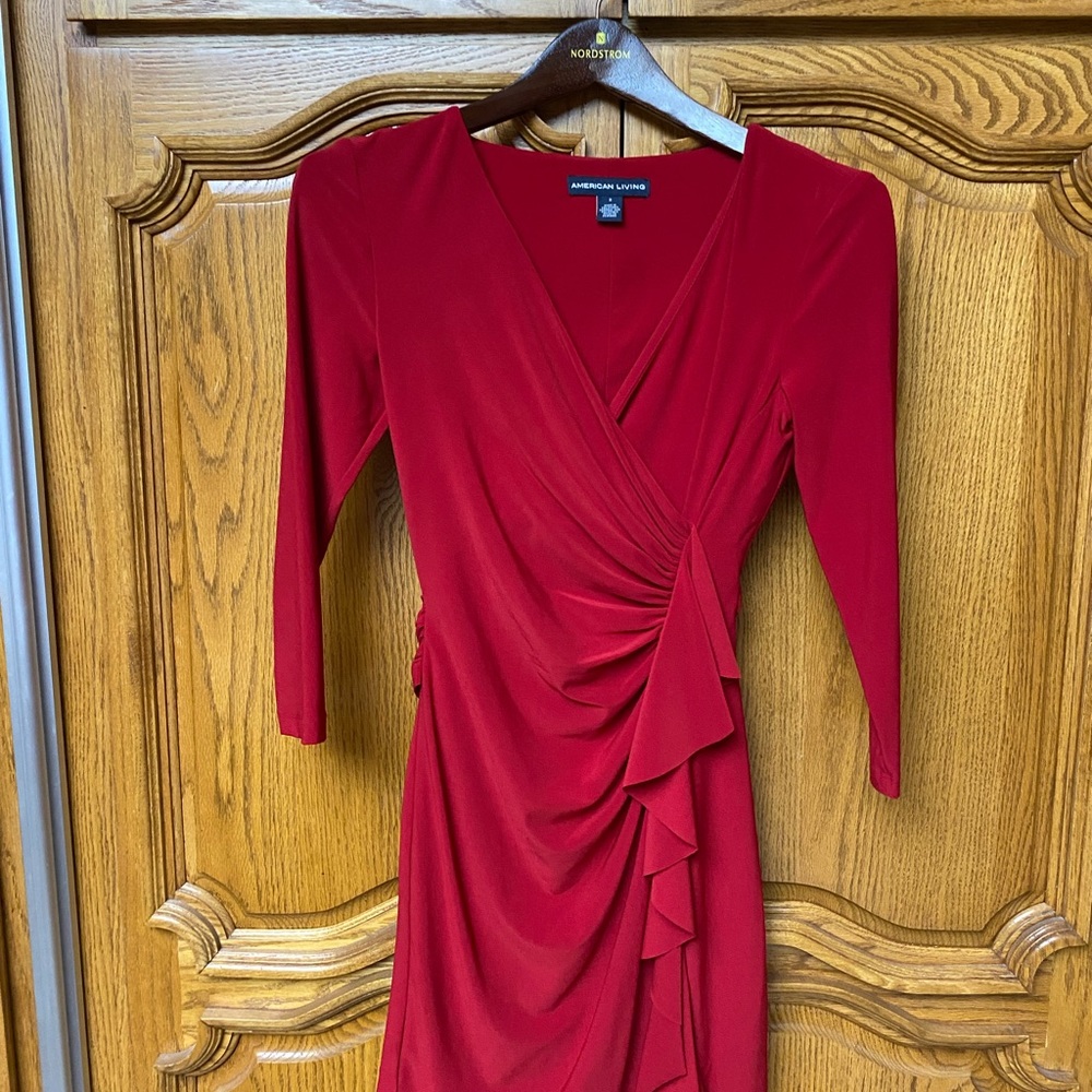 American Living size 2 sexy red dress. Fitted gathered & draped.